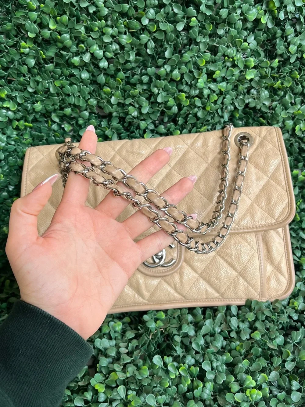 CHANEL Beige Quilted Leather Shoulder Bag with Silver-Tone CC